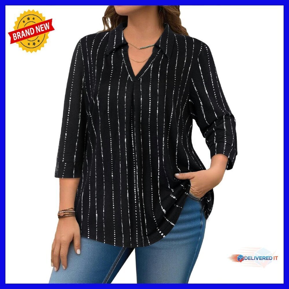 Plus Size V-Neck Collared 3/4 Sleeve Blouse Loose Fit Soft Business Casual